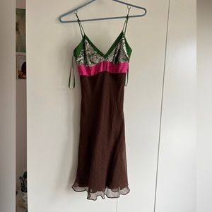 spaghetti strap sequin dress with brown green and pink